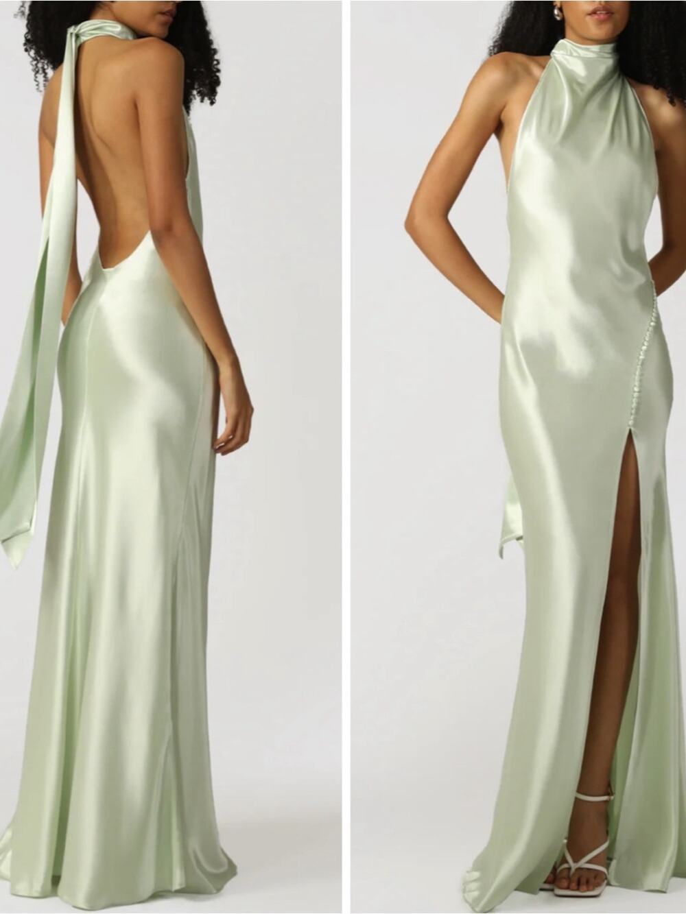 SAU LEE Penelope Mockneck Draped Satin Pistachio Green Maxi Dress Size 10